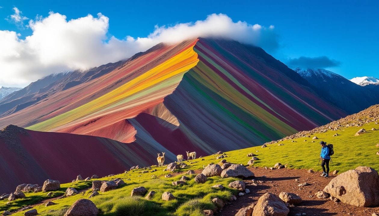 Vue de la montagne colorée avec un randonneur